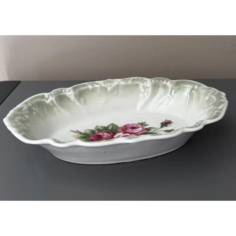 Vintage Rose Trinket Dish Cottage Porcelain Germany Green Floral Romantic Ring
